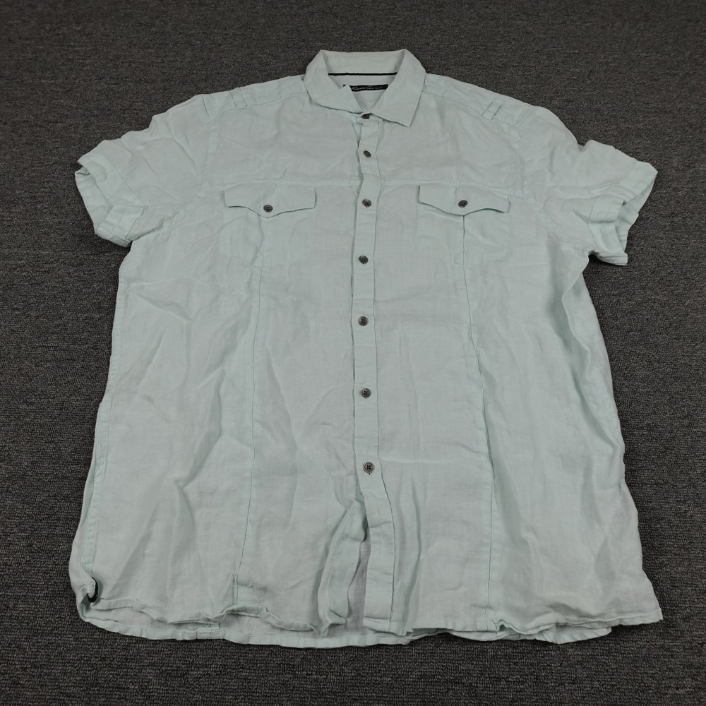 Kenneth Cole New York Shirt Mens XL Green Linen Short Sleeve Button Up Casual